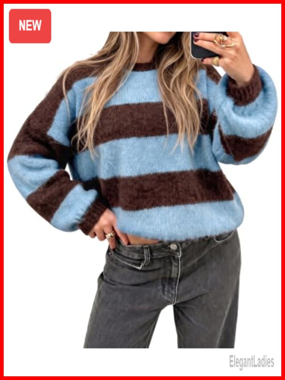 Oversized Striped Fuzzy Knit Sweater Lantern Sleeve Pullover